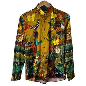 Barabas Mens Size Medium Button Up Shirt Long Sleeve Butterfly Fox Bird Floral